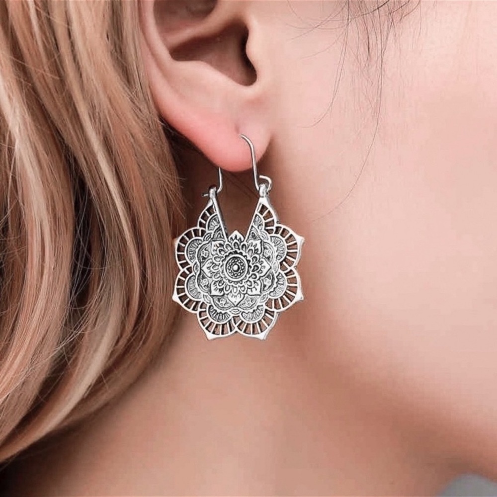 Antiqued Silver Boho Mandala Earrings